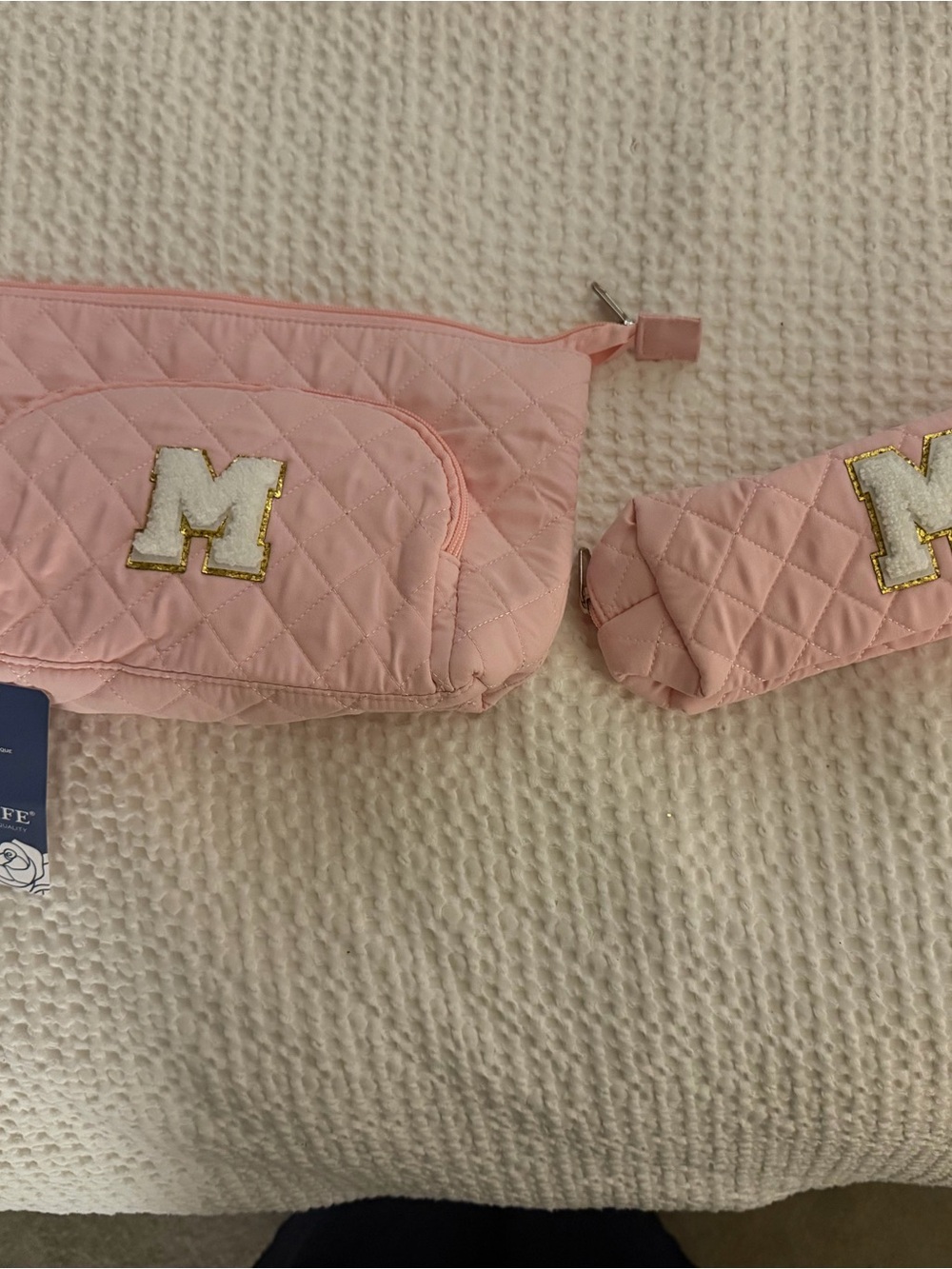 Kids Pink Quilted Accessory Pouch Set with 'M' Initial